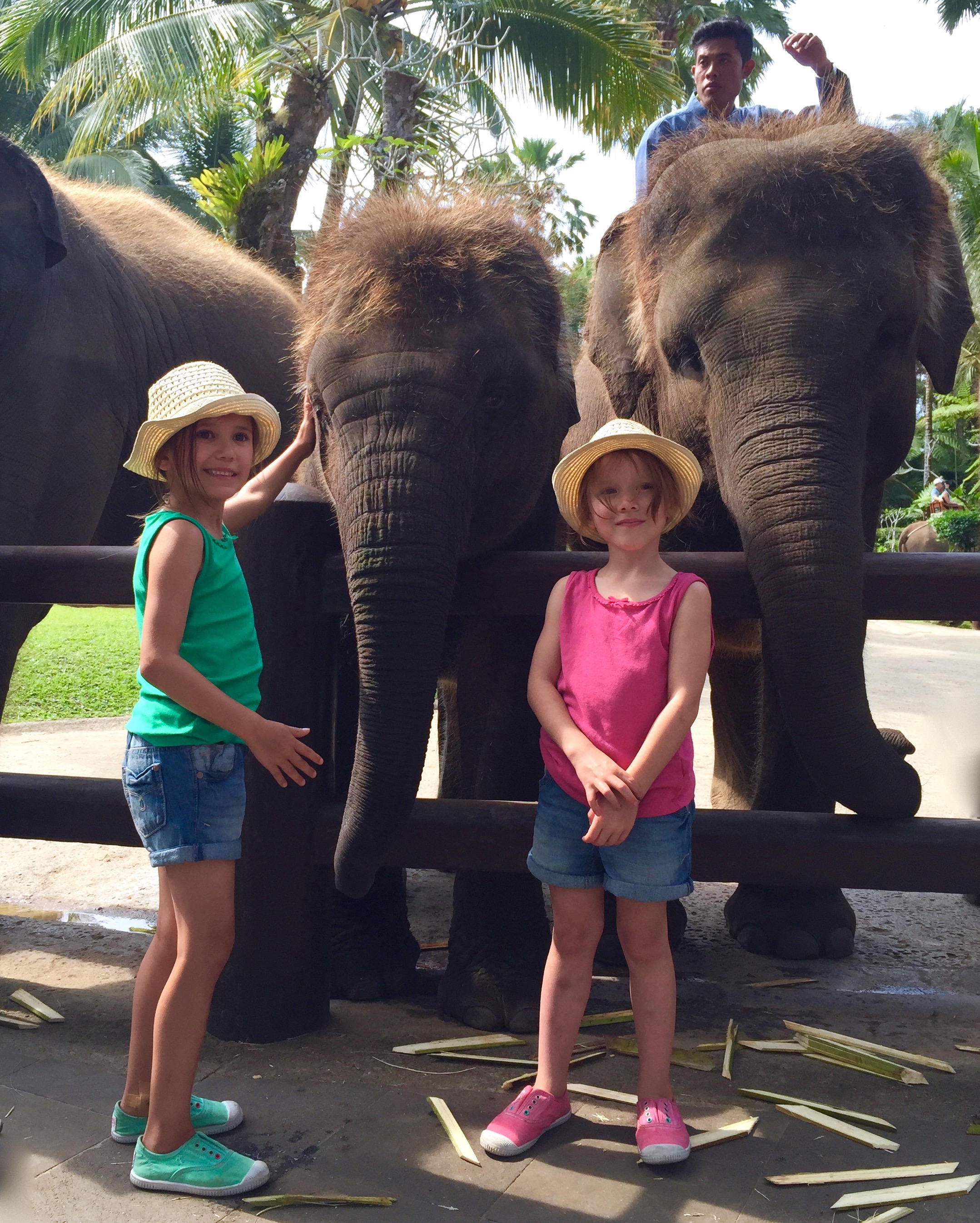 Bali family holiday elephant safari girls in front of elephants