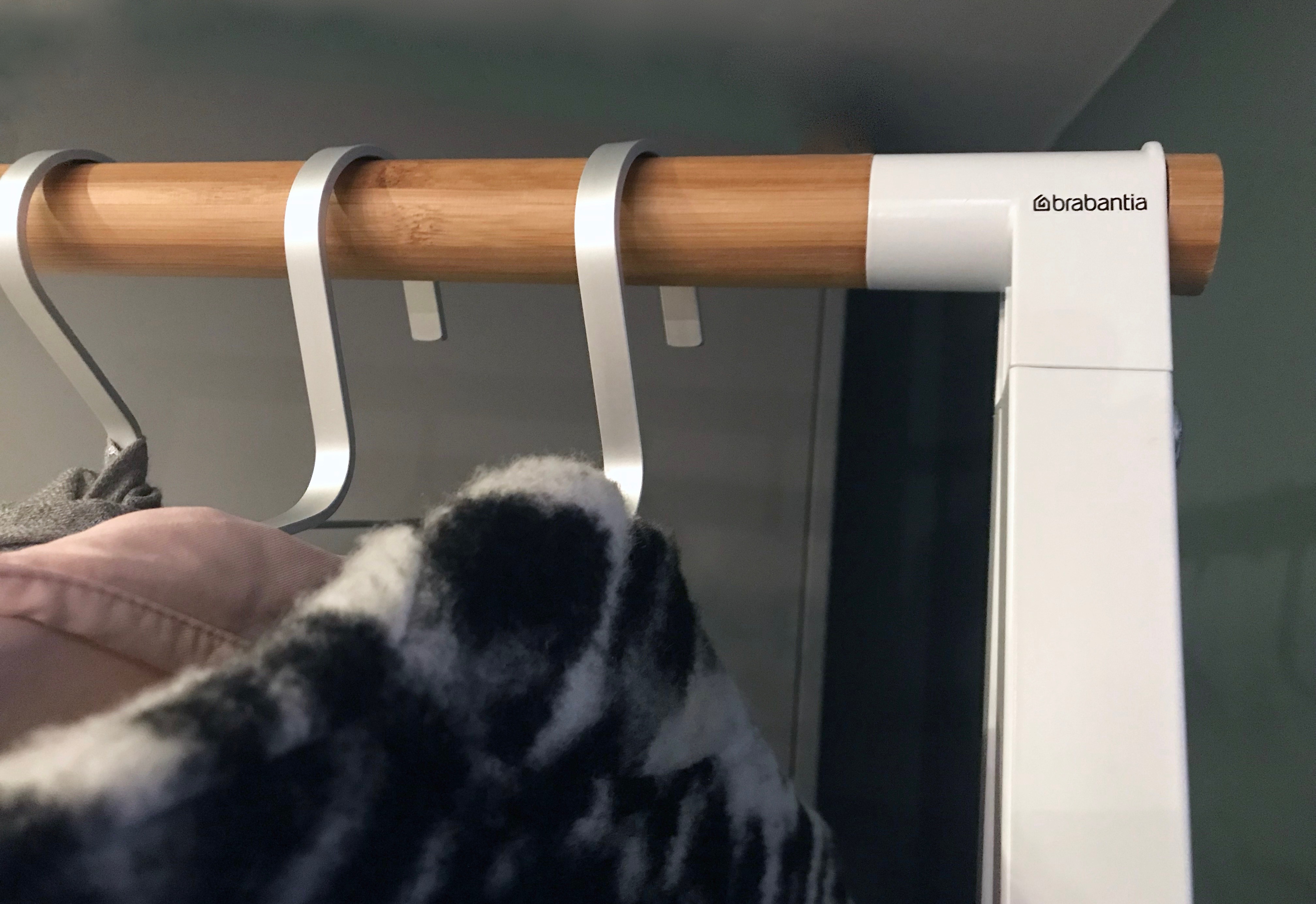 close up of clothes hangers